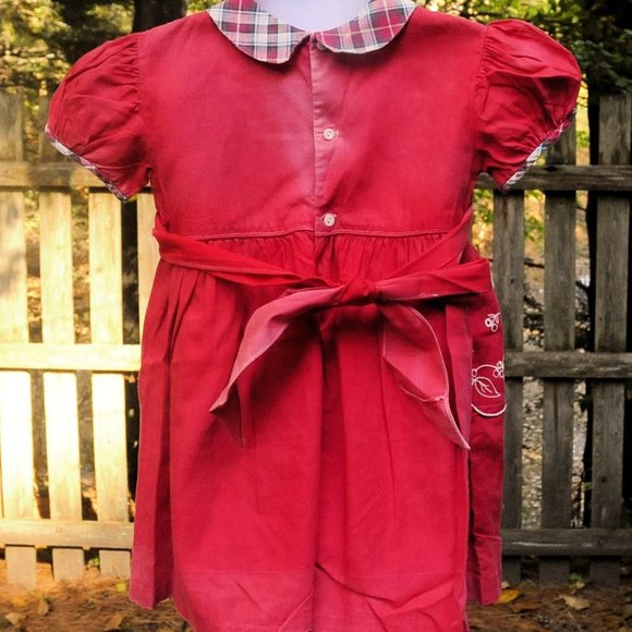 VTG 60's Girls Red Cotton & Plaid School Dress Size 12/18M Eyelet Floral Design - Picture 8 of 10